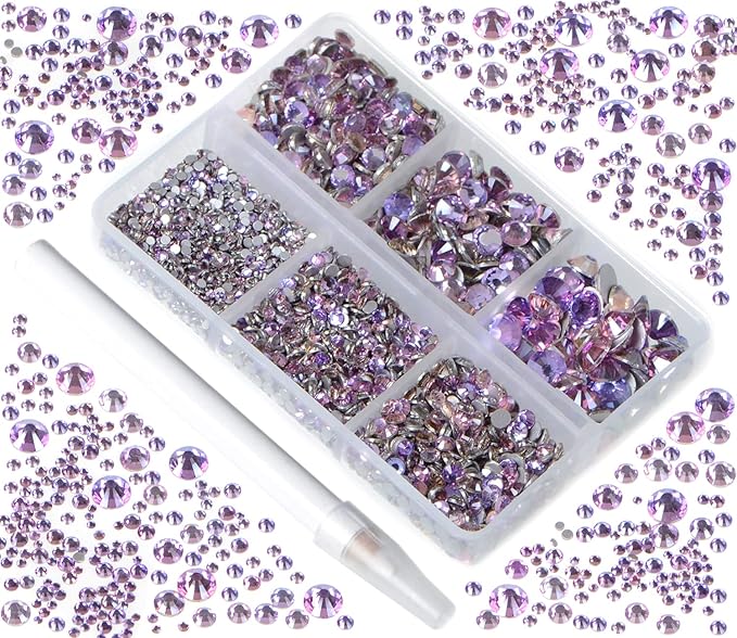 Bymitel 5000 Pieces 6 Mixed Sizes Glue Fix on Glass Rhinestones Round Crystal Gems Flatback for DIY Jewelry Making with one Picking Pen(6-Sizes 5000PCS, Green Pink)