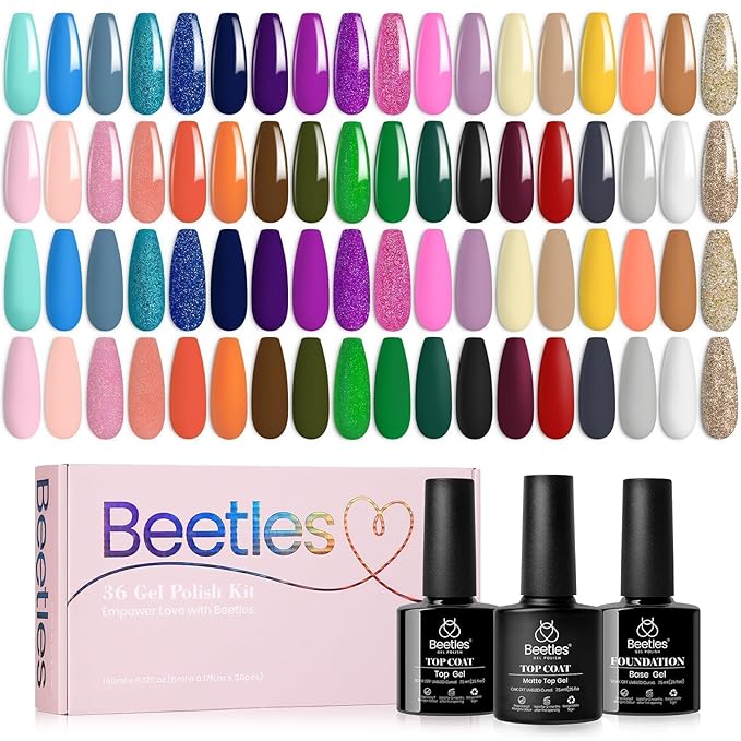 Beetles Gel Nail Polish Set, 36 Colors Gel Polish Set Sparkle Red Pink Glitter Black Nail Kit Free Journey Collection with 3Pcs Base Top Coat Soak off Uv Gel Polish Manicure Kit