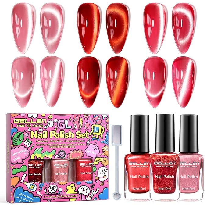 GELLEN Quick Dry Cat Eye Nail Polish Kit, Red Magnetic Fingernail Polish Series, Fast Drying Glitter Nail Lacquer Non Gel with Magnet Tool, DIY Salon Home