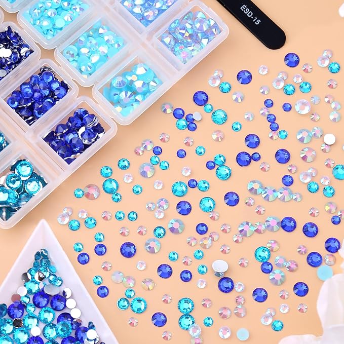 15000PCs 2-6MM Blue Series Resin Flat Back Rhinestones, Round Non Hotfix Jelly & Silver Bottom Resin Rhinestones Nail Gems Stones with Tweezer & Picker Pen for Nail Art Tumblers & DIY Crafts