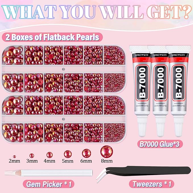 Flatback Pearls for Crafting with 3Pcs 10ml B7000 Jewelry Glue, 2 Boxes of Half Round Red AB Pearls, Bedazzling Beads for DIY Crafts Clothing Tumblers Shoes Embellishment Nail Art