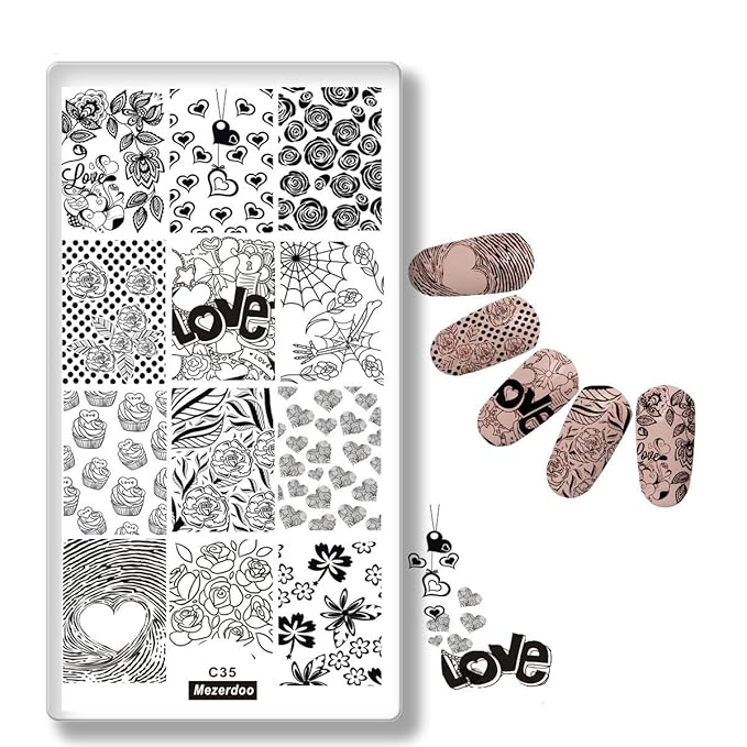 5pcs Lace Flower Beauty Love heart Nail Stamping Plates DIY Finger Nails Tempates Decoration + 1pcs Black Nail Plate Organizer Holder Case Storage