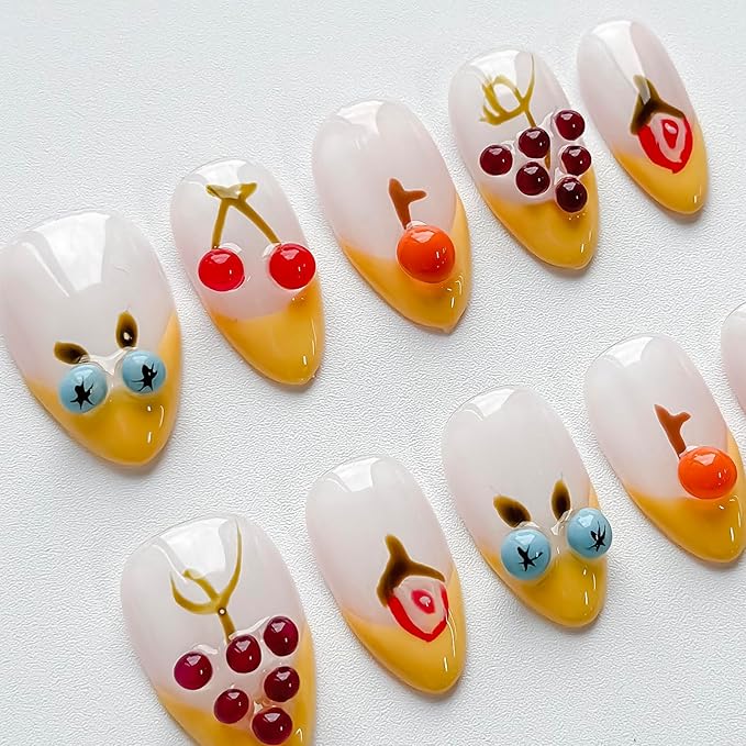 Luxury Press on Nails Short Almond Handmade 3D Unique Reusable ABS Material Fake Nails Yellow French Tip Purple False Nails with Designs Fruit Cherry Grape Glossy Glue on Nail Thick Acrylic Nail(S)