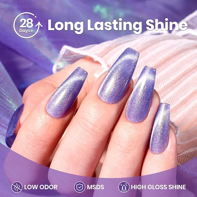Beetles Purple Cat Eye Gel Polish, 15ML Purple Cat Eye Glitter Gel Polish with Magnet Soak Off UV Shimmer Velvet Gel Twilight Lavender Series French Nail Art Design Manicure Gifts for Women