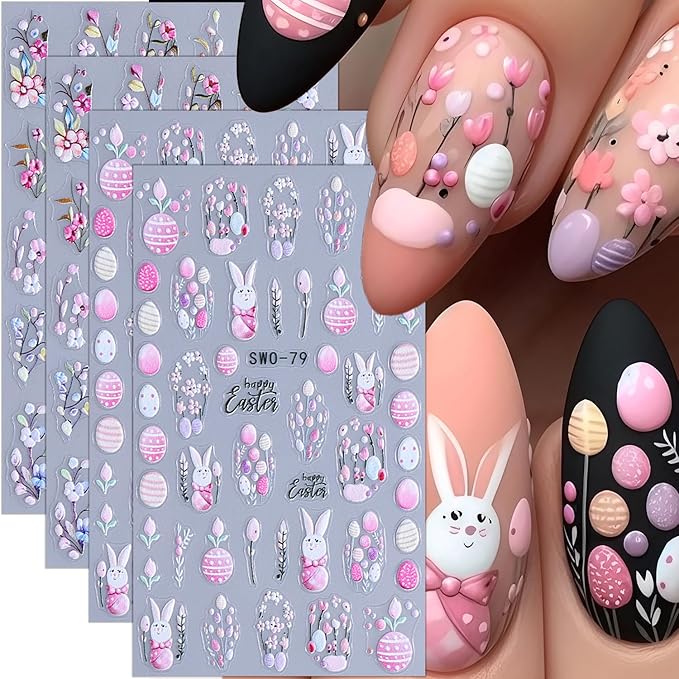 4 Sheets Easter Nail Stickers Cute Rabbit Nail Decals Spring Embossed Flower Nail Art Stickers Self-Adhesive Easter Egg Bunny Nail Design Decals for Women Holiday Nail Decorations Supplies