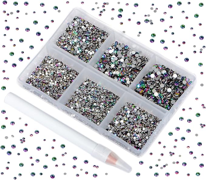 Bymitel 7200 Pieces 6 Mixed Sizes Glue Fix on Glass Rhinestones Round Crystal Gems Flatback for DIY Jewelry Making with one Picking Pen(6-Sizes 7200PCS, Green Volcanic)