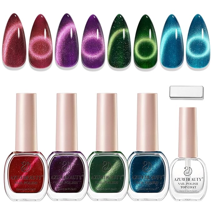 AZUREBEAUTY Cat Eye Magnetic Nail Polish Set, Quick Dry Non-Gel Holographic Fingernail Mooncat Polish with Top Coat, 4 Colors (Red, Purple, Green, Teal), DIY Salon at Home Manicure for Women