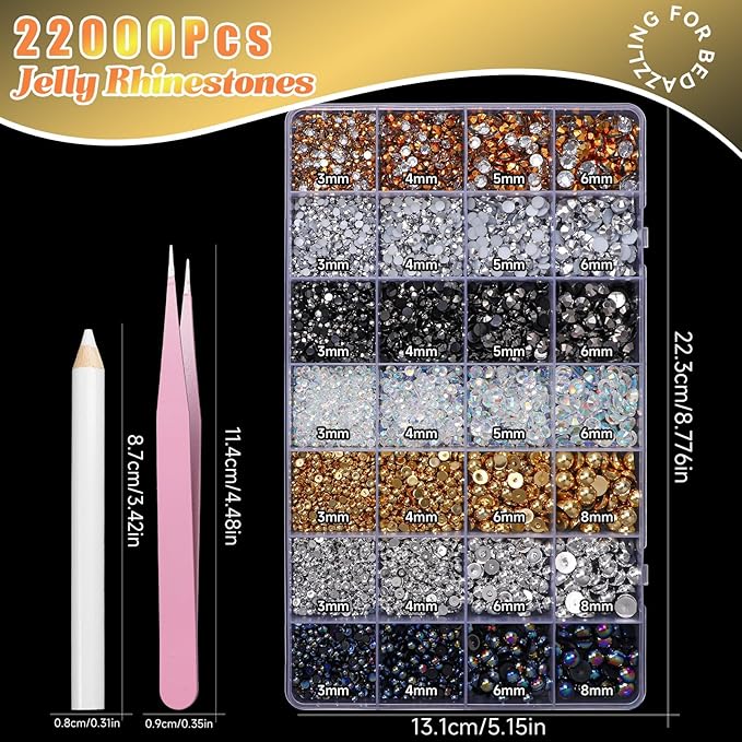 22000 Pcs Mixed Black Silver Gold Flatback Pearls and Rhinestones Bedazzling Kit, Resin Rhinestones Gems for Crafting, Mixed Size Half Pearls Gems for Nails Face Eyes Makeup Bottles Shoes DIY