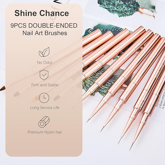 9Pcs Nail Art Brushes Set, Professional Double-Ended Acrylic Liner Detail Brushes for Gel Polish Art Nail, 3D Art Nail Dotting Brush Pen for Manicure DIY Home Salon, Rosegold