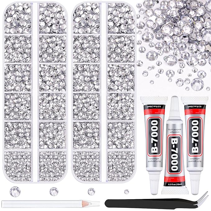 12100Pcs Silver Clear Rhinestones for Crafting with B7000 Jewelry Glue, 2 Boxes Resin Flatback Crystals Diamonds for Bedazzling Crafts DIY Clothing Shoes，Gems for Nail Art Makeup