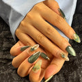 Handmade Press On Nails Short Almond, Greenish - Grey & Translucent Acrylic Fake Nails with Gold Accents, Luxury Press On Nails with Charm Design for Wedding & Party Wear(AKA 014, Medium)