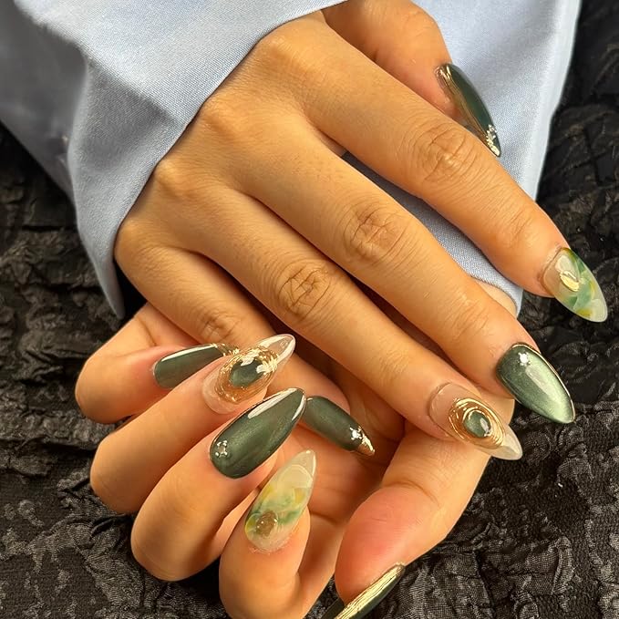 Handmade Press On Nails Short Almond, Greenish - Grey & Translucent Acrylic Fake Nails with Gold Accents, Luxury Press On Nails with Charm Design for Wedding & Party Wear(AKA 014, Medium)