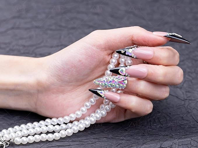 10 Pieces Handmade Long Almond Press On Nails, Black Thickened French False Nails With Rhinestone Decorate, Reusable Fake Nails Almond, Reusable Acrylic Nails (S)
