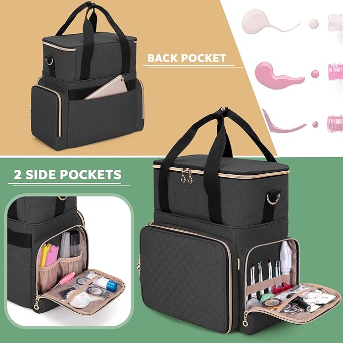 LUXJA Nail Polish Organizer Holds 70 Bottles and a Nail Lamp, Nail Polish Case with 2 Removable Bags and Tools Storage Pockets (Patent Pending), Black