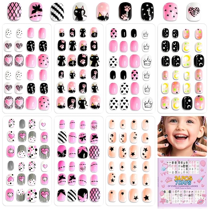 SAVILAND Glamkids Press on Nails for Kids: 7 Days Of Ever-Changing Looks Kids Press on Nails Gentle Fake Nails Pre Glue Full Cover Nails for Christmas Gift Party PlayfulNails