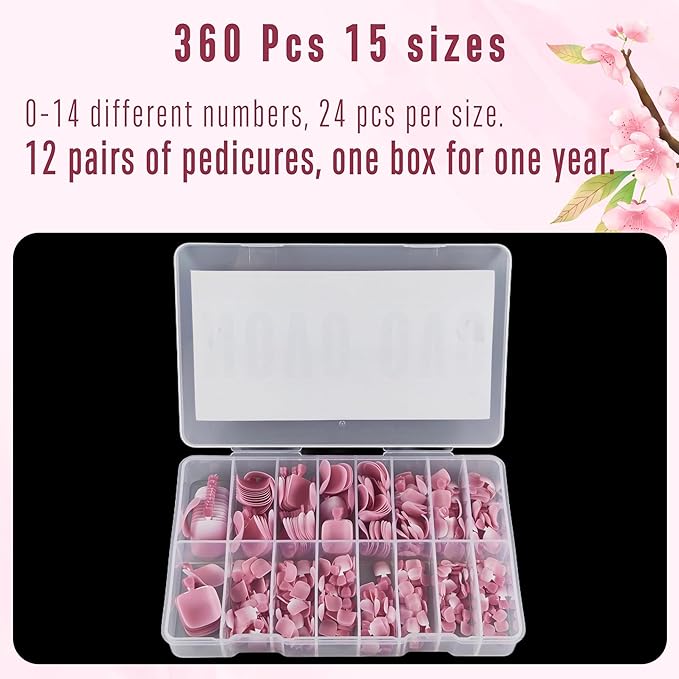 NOVO OVO Fake Toe Nail Tips Press on, French Tip Soft Gel Toenail Extension, BERRY OMBRE Square Round Pre-applied Tip Primer & Base Coat, Full Cover Matte False Nails for DIY x 15 Sizes 360Pcs