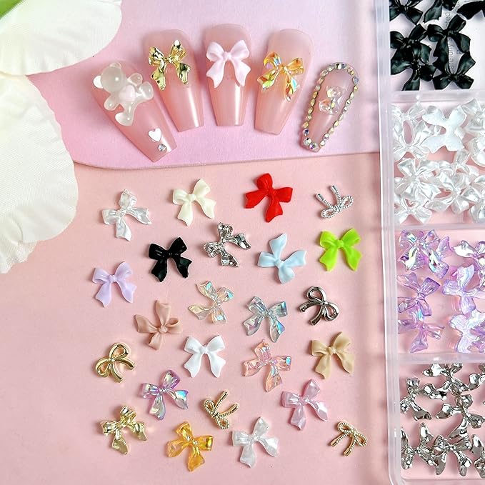 Kawaii Color Bow Nail Charms Kit, 3D Gold Silver Bows Nail Art Charms, Cute Pink Bowknot Charms for Nails Design DIY Decoration with Pickup Tools