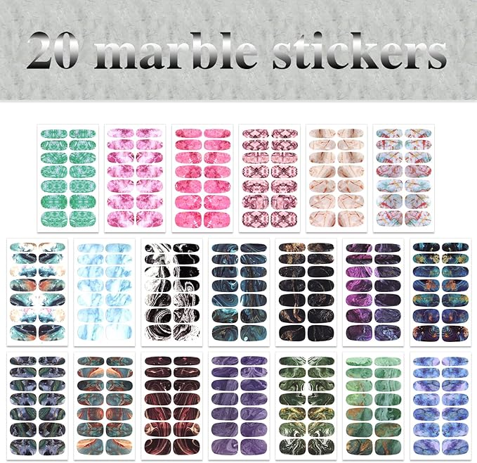 WOKOTO 280 Tips 20 Sheets Marble Design Nail Wraps Stickers For Nails Nail Polish Stickers Self-Adhesive Nail Polish Strips With Nail File For Women Girls Decoration Easy Application Gel Nail Strips