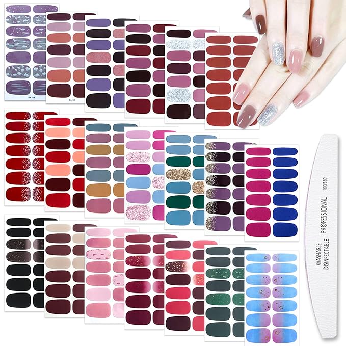 WOKOTO 20 Sheets Mixed Solid Color Nail Polish Stiers Full Nail Wraps For Women Self-Adhesive 280 Tips Press On Nail Polish Strips Gel Stickers For Nails With Nail File Easy Apply Color Strips Sheets