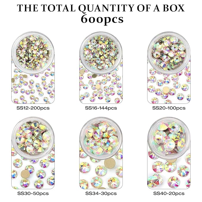 Novani Crystal AB Rhinestones Flat Back Round Rhinestone Style 2088 Sparkly Crystal Gemstones for Crafting,Mixed Large Size(SS12-SS40)