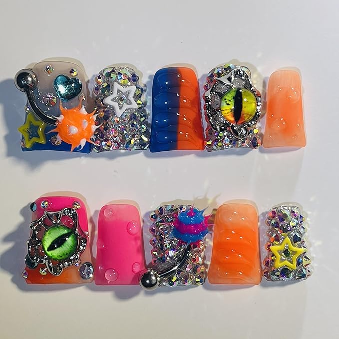 10 Pieces Luxury Acrylic Y2K Press On Nails Short Handmade Duck Nails, Nightmare Eye And Barbell 3D Nail Charms, Orange Thickened False Nails, Reusable Acrylic Nails (M)