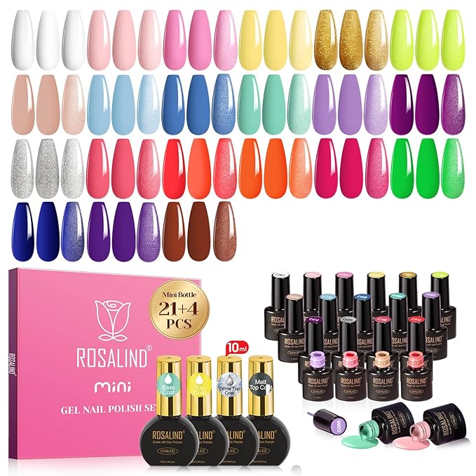 ROSALIND 25pcs bright Gel Nail Polish Set 21 colors Pastel Pinks Neon Rainbow gel polish with 10mL 4pcs Base & Top Coat， Soak Off U v DIY Salon Nail Gel Gift for Women