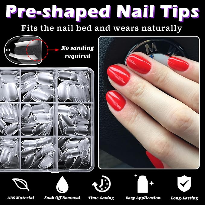 LoveOurHome 360pc Extra Short Oval Nail Tips Clear Fake Nails XS Round Almond Gel Nail Tips Full Cover Acrylic Nails Clear Press on Nails Short Oval 15 Sizes False Fingernail for Gel Nail Extension