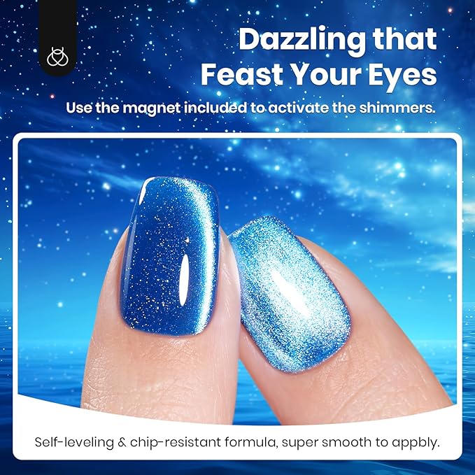 Beetles Blue Cat Eye Gel Polish, 15ML Cat Eye Glitter Gel Polish with Magnet Soak Off UV Shimmer Velvet Gel Stellar Blue Series French Nail Art Manicure Gifts for Women