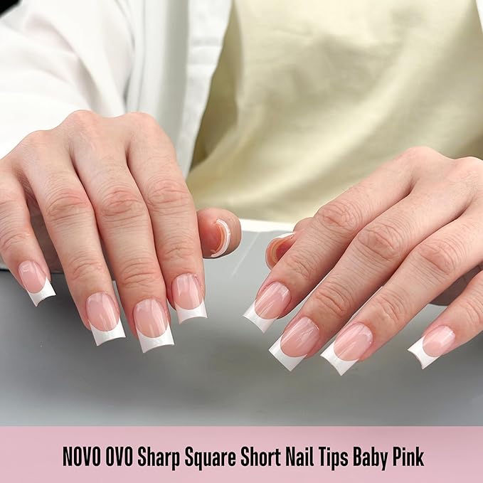 NOVO OVO Short Sharp Square White French Tip Nail Tips Press on BABY PINK, Need Builder Gel Top Coat Nail Glue, Soft Gel Fake Nail Extension, Full Cover False Nails for Salon DIY x 15 Sizes 240 pcs