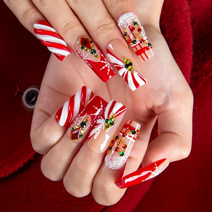 LOVFUL Short French Tip Press on Nails Candy Noel | Handmade Acrylic Press ons| Reusable Fake False Nails | Square Classic Regular 1.3in | H675-M