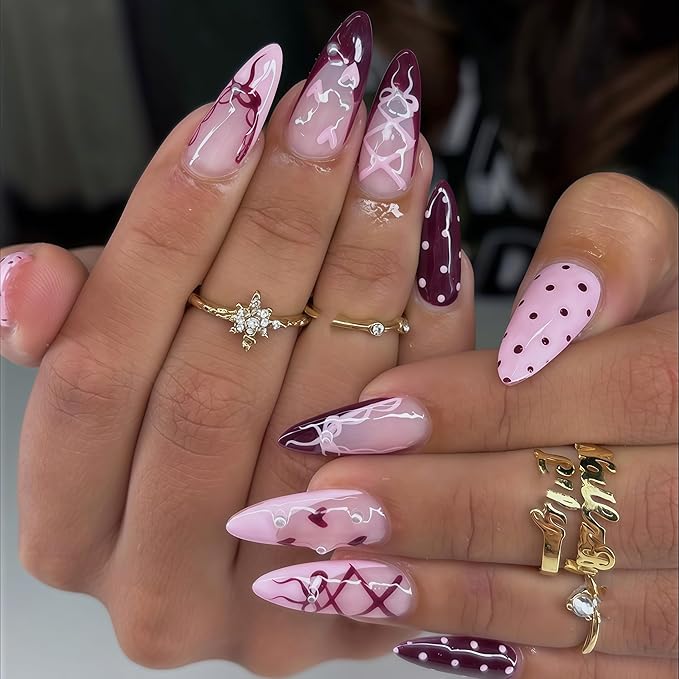 24Pcs Valentines Day French Tip Press on Nails Medium Almond Fake Nails with Pearl Bow Heart Designs Glossy False Nails Cute Polka Dots Burgundy Glossy Acrylic Nails Pink Heart Stick on Nail for Women