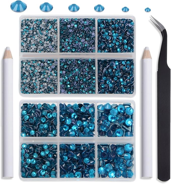 NCB Hotfix Iron on 8000pcs Crystal Rhinestones Round Gem for Crafts Decoration DIY Jewelry Making with a Tweezers and 2 Picking pens (Blue Zircon, 6Sizes SS4-SS30)