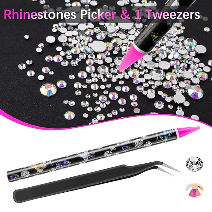 Canvalite Rhinestones 2784PCS in 6 Sizes Flat Back Gems, Crystal AB Art Gems with 5Pcs Jewelry Glue, Pick Up Tweezers and Picker Dotting Pen for Nails, Makeup, Stocking Stuffers Gifts for Women