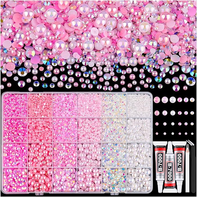 14000PCS Flatback Pearls and Pink Rhinestones for Bedazzling Kit, Pink White 3-10mm Resin Rhinestones Gems and Half Pearls for Crafting, Nail Art and Grad Cap Decor with B7000 Jewelry Glue