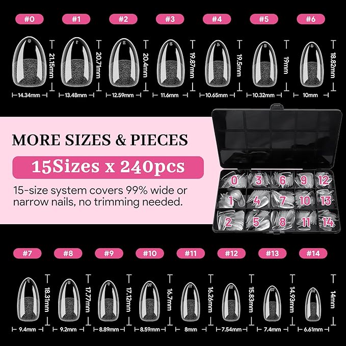 Short Almond Pre-Building Nail Tips, 15 Sizes 240 PCS Pre-shaped Apex Clear Soft Press On Fake Nail Half Matte Gel Nail Extensions Strong Thick Acrylic Tip for DIY Beginners & Salon Manicure
