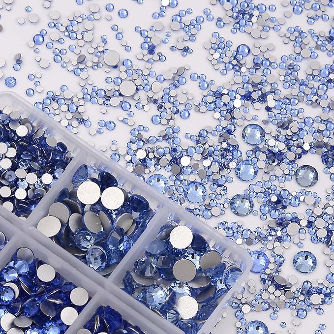 NCB 8000pcs Non Hotfix Rhinestones 10 Sizes Flatback Crystal Glass Rhinestones with Tweezers and Picking Pen for Nail Art Clothes Bags Phone Decorations Crafts DIY (005 Lt. Sapphire Mix SS3-SS30)