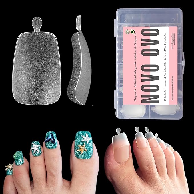 NOVO OVO Long Toe Nail Tips Press on, Curved Full Cover Longtoes Claw, Clear Pre-etched Matte Pre-filed Nail Extension for Pedicure Acrylic, Tapered Square Soft Gel Toenails x 12 Sizes 240pcs