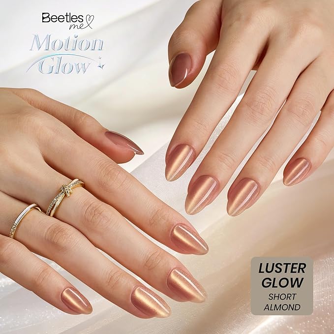 Beetles Motion Glow Nail Tips, Cat Eye Short Almond Nail Tips Set, Full Cover Fake Nail Tips Soft Nail Gel Extensions for Nail Art, 160PCS 16 Sizes, Salon Quality Look DIY Manicure Luster Glow