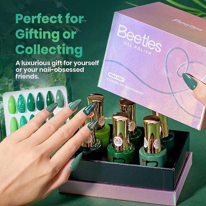 Beetles Green Gel Polish Set, Hema Free 6 Colors Light Dark Green Color Gel Nail Polish Soak off UV Led Lamp Needed Manicure DIY Salon Home St Patrick Day Gifts for Women Mordiic Forest