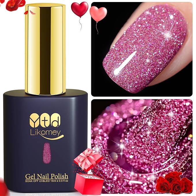 YTD Likomey Colorful Reflective Glitter Gel Nail Polish,15ml Pink Purple Flash Diamond Shimmer Nails Gel,Sparkly Shiny Salon Home Fall Winter Manicure Bright Plum UV Varnish,SZ396