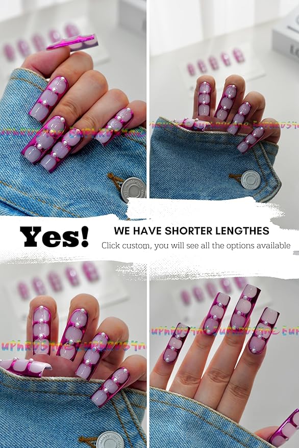Euphrosyne 10pcs Futuristic Press On Nails – Clear Jelly Base with Purple Metallic Tips & Pearls | Medium Oval Handmade Fake Nails for Party or Daily Wear