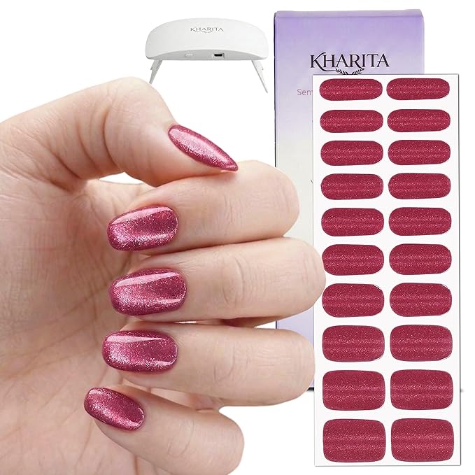 Semi Cured Gel Nail Strips – Real Gel Nail Polish Wraps | Long Lasting Easy Peel-Off Removal | Hema-Free | 20-Piece Glitter Cat Eye Hot Pink Salon Kit with UV Light
