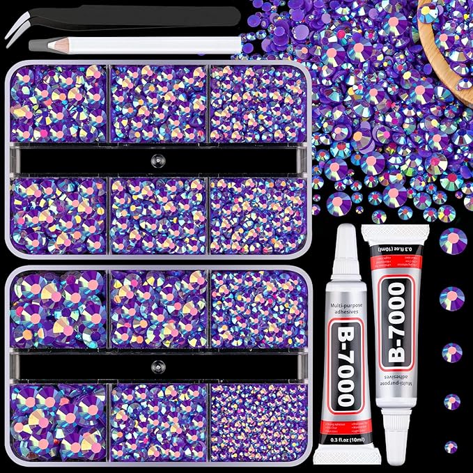 Resin Jelly Rhinestones for Crafting with B7000 Jewelry Glue, 2 Boxes Dark Purple AB Flatback Crystals with 2Pcs 10ml Glue, Bedazzling Non Hotfix Gems for DIY Tumblers Clothing Shoes Manicure