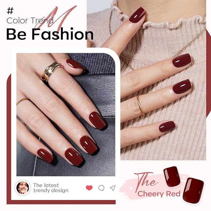 Modelones Press on Nails, Dark Red Short Square Fake Nails, Spring Reusable Nail Kit with Nail Glue Adhesive Tabs Mini Nail File, Nails Press Ons 32Pcs16 Sizes, Women Girl Gift
