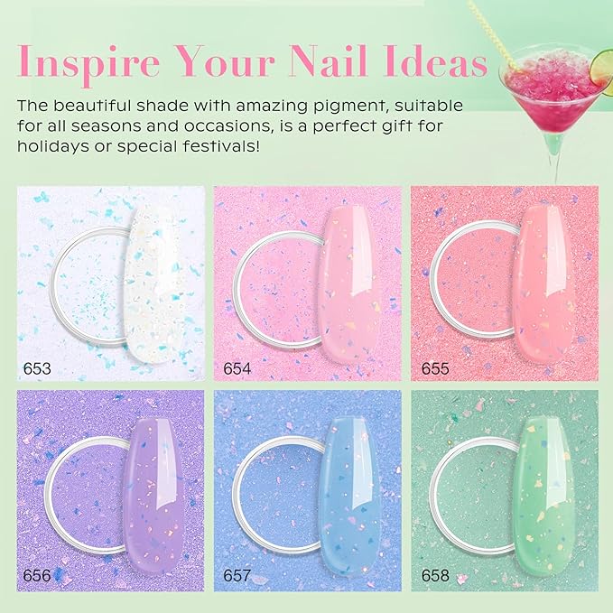 AZUREBEAUTY Dip Powder Nail Set, Clear Pink Coral Violet Blue Green Pastel Shades with Sparkling Aluminum Foil, 6 Colors Dipping Powder Starter Kit Nail Art Manicure Salon, No Need Nail Lamp Cured