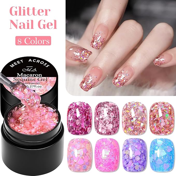 MEET ACROSS 9Pcs Glitter Gel Nail Polish Set with Nail Brush, 8 Colors Including Pink Blue Purple Sequins Gel Polish for Nail Art DIY Manicure Gift for Women