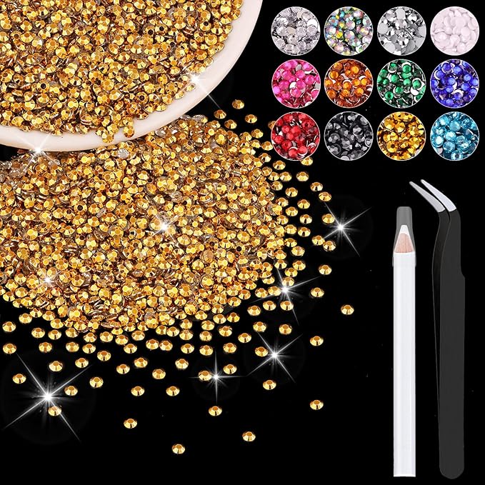 12000PCS 2mm Resin Rhinestones Bulk for Crafting (Copper Gold), Flatback Bedazzling Crystals for Crafts DIY Nail Decoration, Gems Charms for Tumbler Shoes Clothing Fabric with Pickup Pen and Tweezers