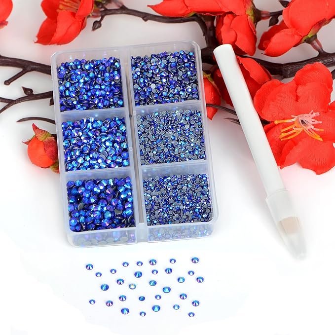 Bymitel Hotfix Crystal Rhinestones Round Gems for Crafts,Mixed 6 Sizes with Wax Pencil Kit, Sapphire AB 1.3-3.2mm(SS3-SS12/8000pcs)