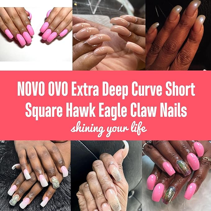 NOVO OVO Halloween 120 pcs Hawk Curved Transparent Clear Cystal Extra Super Extreme Deep Curve Half Cover Short Square Tapered Eagle Claw False Nail Extension Tips Acrylic Nail 10 Sizes in Box
