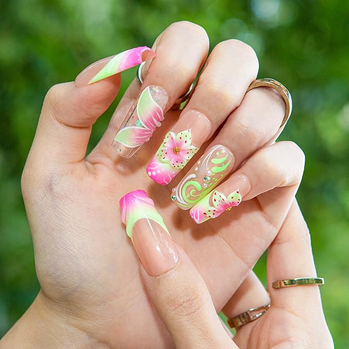 LOVFUL Short French Tip Press on Nails Flower Child | Handmade Acrylic Press ons | Reusable Fake False Nails | Square Classic Regular 1.3in | H607-M